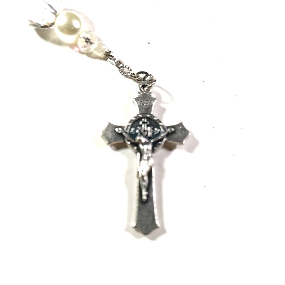 Cross beaded Keychain Clear Plastic Beads Silver Tone - Picture 3 of 4